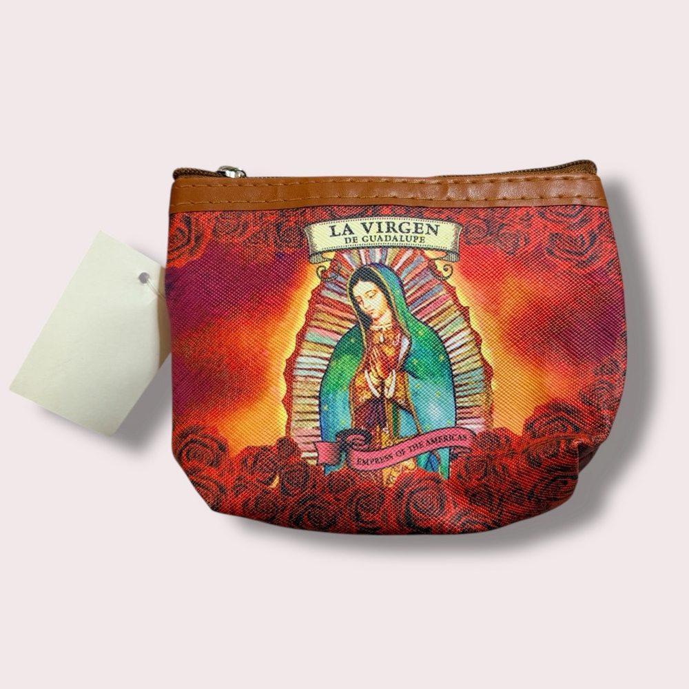 Virgen de Guadalupe Coin Pouch Zipper Wallet Keychain Catholic Red Roses